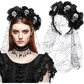 Rose Veil Headband Black Flower Skull Lace Crown Day of The Dead Halloween Headpiece Bridal Wedding Masquerade Supplies Gothic Hair Accessories