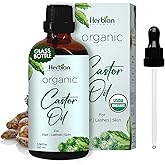 HERBION Naturals Organic Castor Oil USDA Certified, 100% Pure, Cold Pressed, Hexane-Free. Moisturizer & Hair Treatment. Glass Bottle w/Dropper, 3.38 Fl Oz