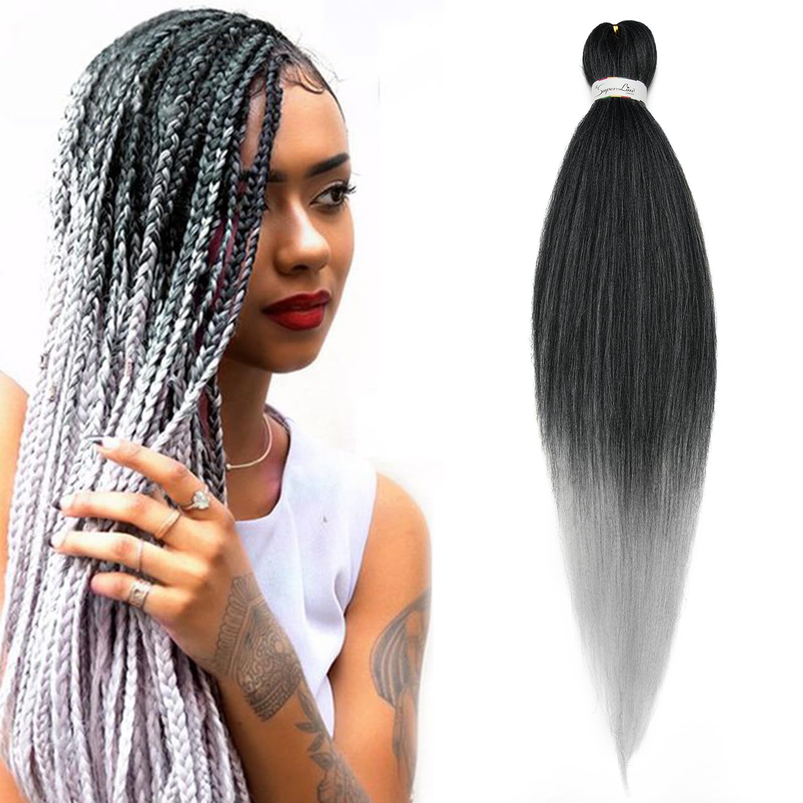 Silk-co Easy to Braid Pre Stretched Braiding Hair Professional Easy Braiding Yaki Synthetic Hair Extensions [26 inch 90g] Black&Silver — image 1