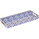 MAONAME Blue Decorative Tray, Plastic Serving Tray with Handles, Rectangular Moroccan Trays, Long Narrow Trays for Bathroom, Kitchen Counter, 13.8" X 6" X 1.57"