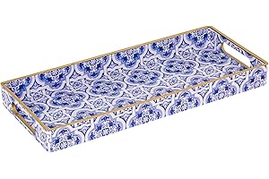MAONAME Blue Decorative Tray, Plastic Vanity Tray with Handles, Rectangular Moroccan Tray, Long Narrow Tray for Bathroom, 13.8" X 6" X 1.57"