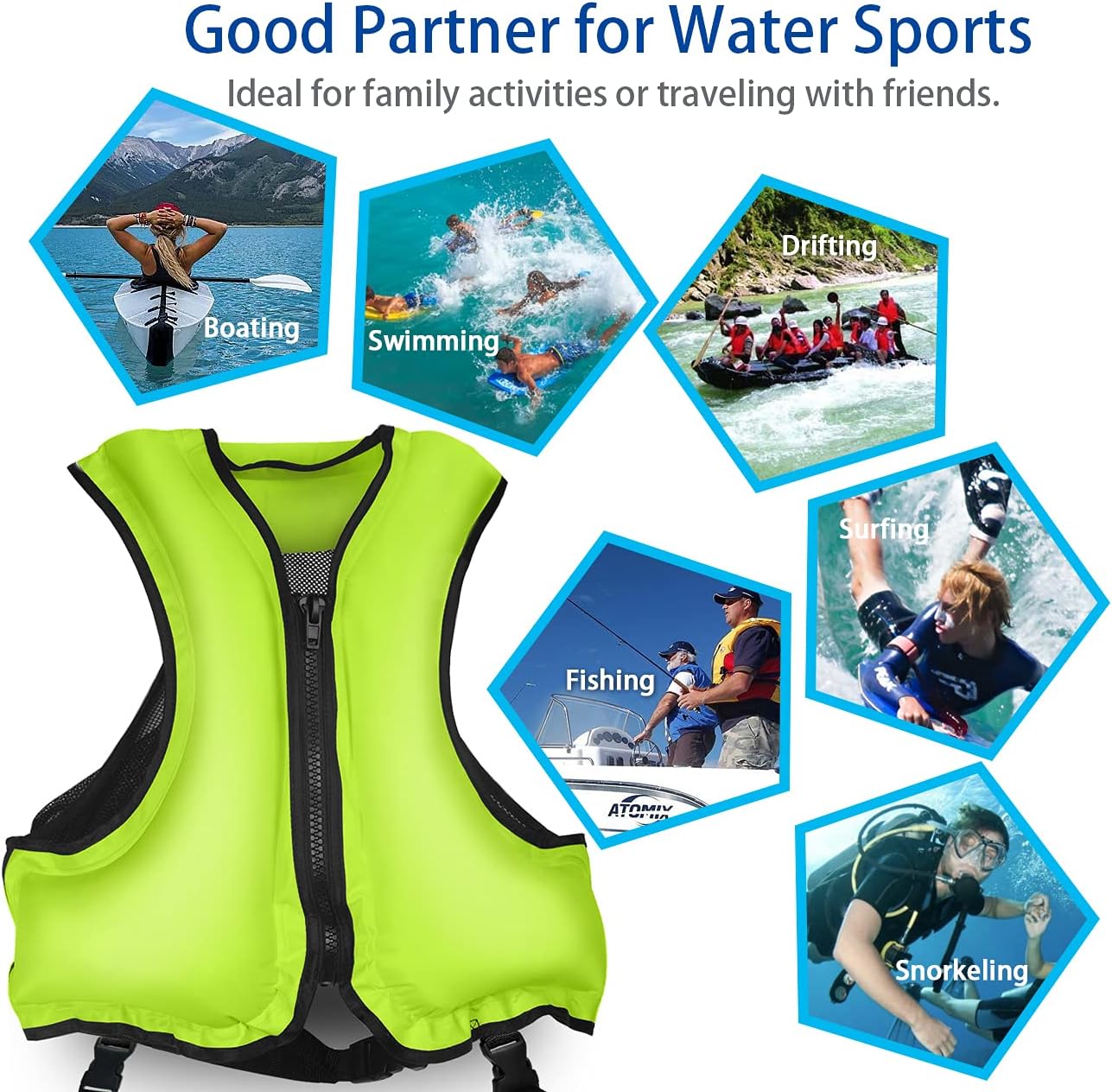 PQPB Inflatable Snorkel Vest for Adult Upgraded Air Valve Buoyancy Aid Swim Jackets with Leg Straps Green: Sports & Outdoors