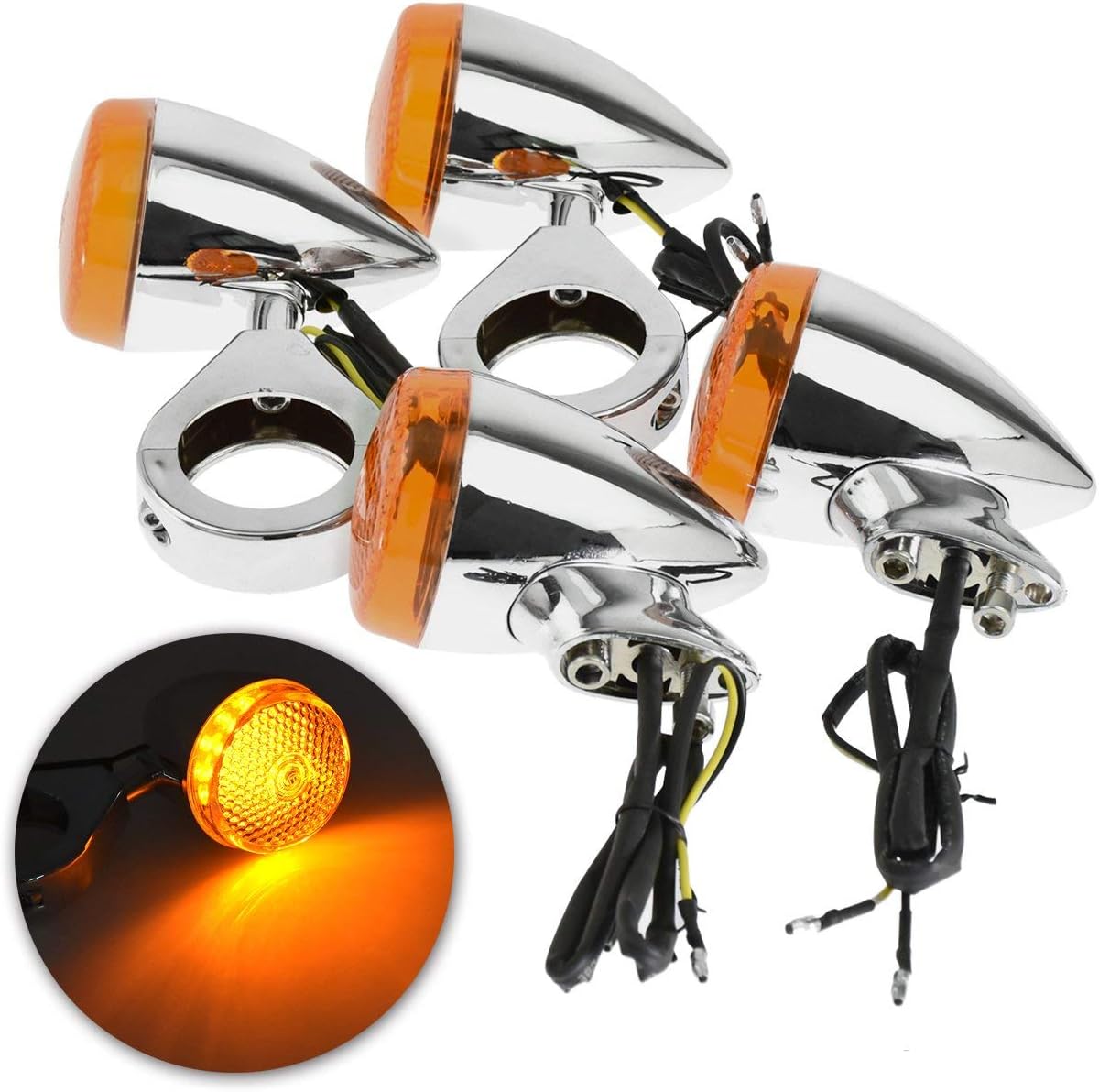 YHMTIVTU Motorcycle LED Bullet Turn Signals 39mm Fork Clamp Front Rear Blinker Indicator Light Universal Fit for Harley Kawasaki Suzuki Orange Lens Amber Lamp Chrome