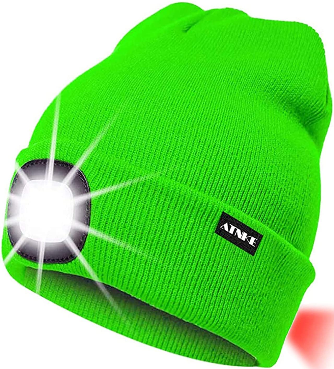 ATNKE 8LED Lighted Knit Hat,USB Rechargeable Running Headlamp Cap Ultra Bright Waterproof Light Lamp and Flashing Alarm Red Tail Light Multi-Color/Fluorescent Green