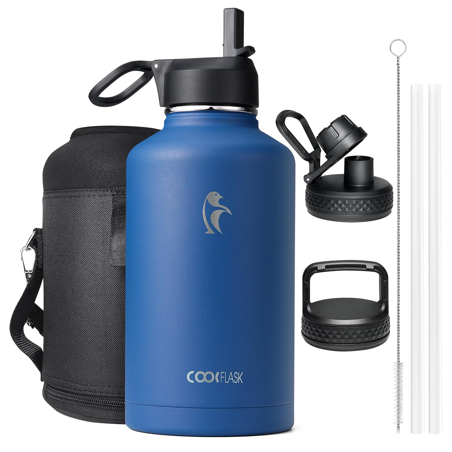Coolflask Insulated Water Bottle 2L - 3 Lids with Straw & Spout & Handle, Leakproof Vacuum Stainless Steel Water Bottle for Sports, Travel, Gym, 48H Cold & 24H Hot, BPA Free, Heritage Blue