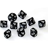 Chessex Dice Sets: Opaque Black with White - Ten Sided Die d10 Set (10)