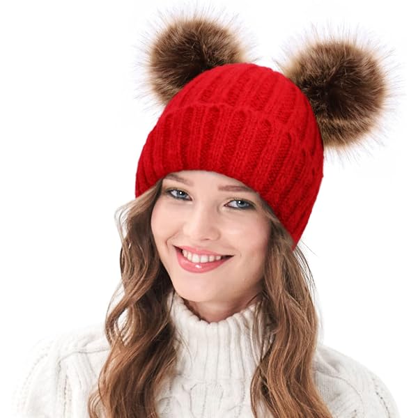 Women\'s Faux Fur Fleece Lined Dark Red Winter Thick Pom Skull Beanie Hat Cap PAGE ONE Womens Winter Thick Cable Knit Beanie Faux Fur Pom  main image 3