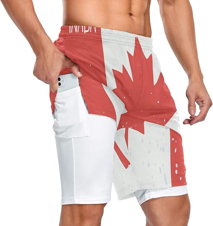 Vnurnrn Canada Flag Men's 2 in 1 Workout Running Shorts