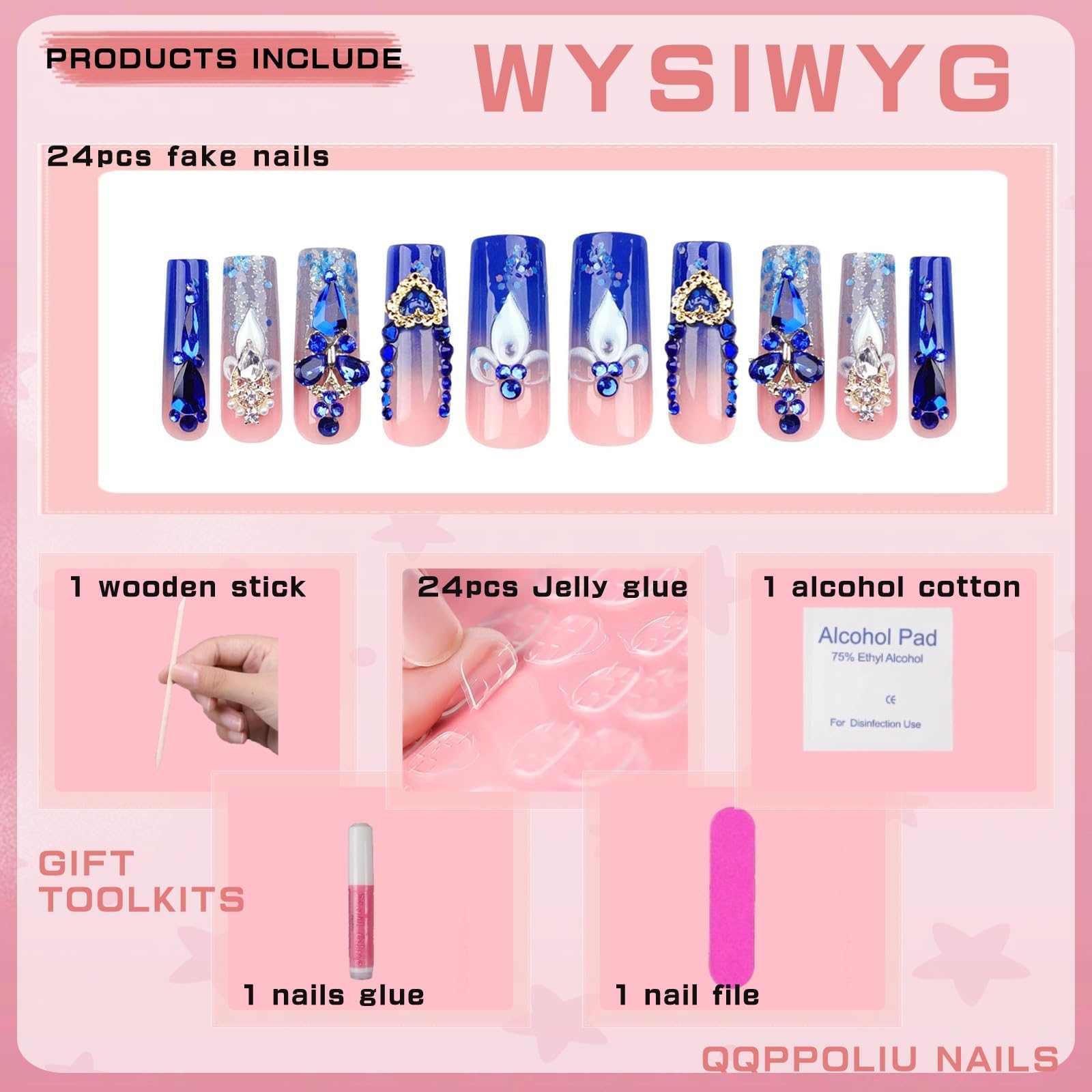 QQPPOLIU Royal Blue Press on Nails Long Length Square Shape Acrylic Fake Nails with Rhinestones Designs False Nails Mother'S Day Gift 24pcs - Image 2