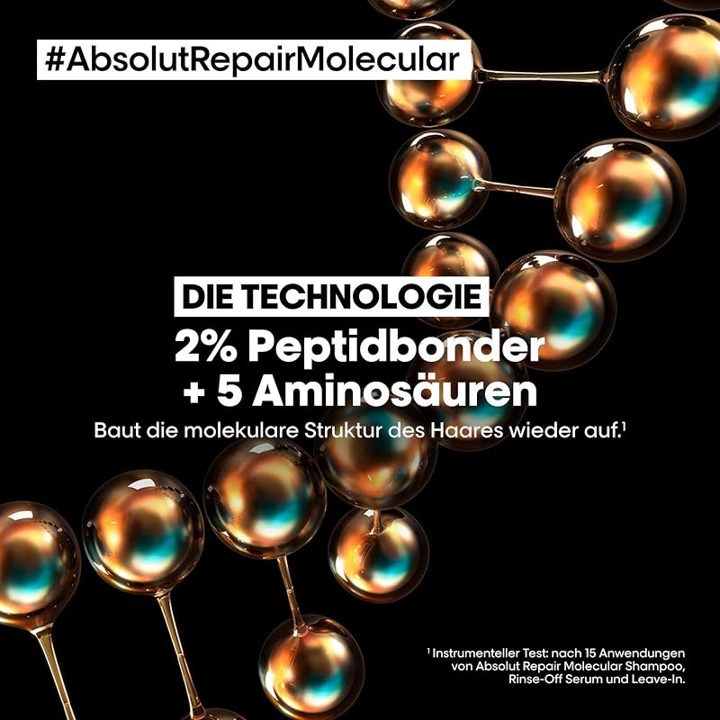 L'Oréal Professionnel Shampoo für strukturgeschädigtes Haar, Zur molekularen Tiefenreparatur, Mit Peptidbondern und 5 Aminosäuren, Serie Expert, Absolut Repair Molecular Shampoo, 500 ml