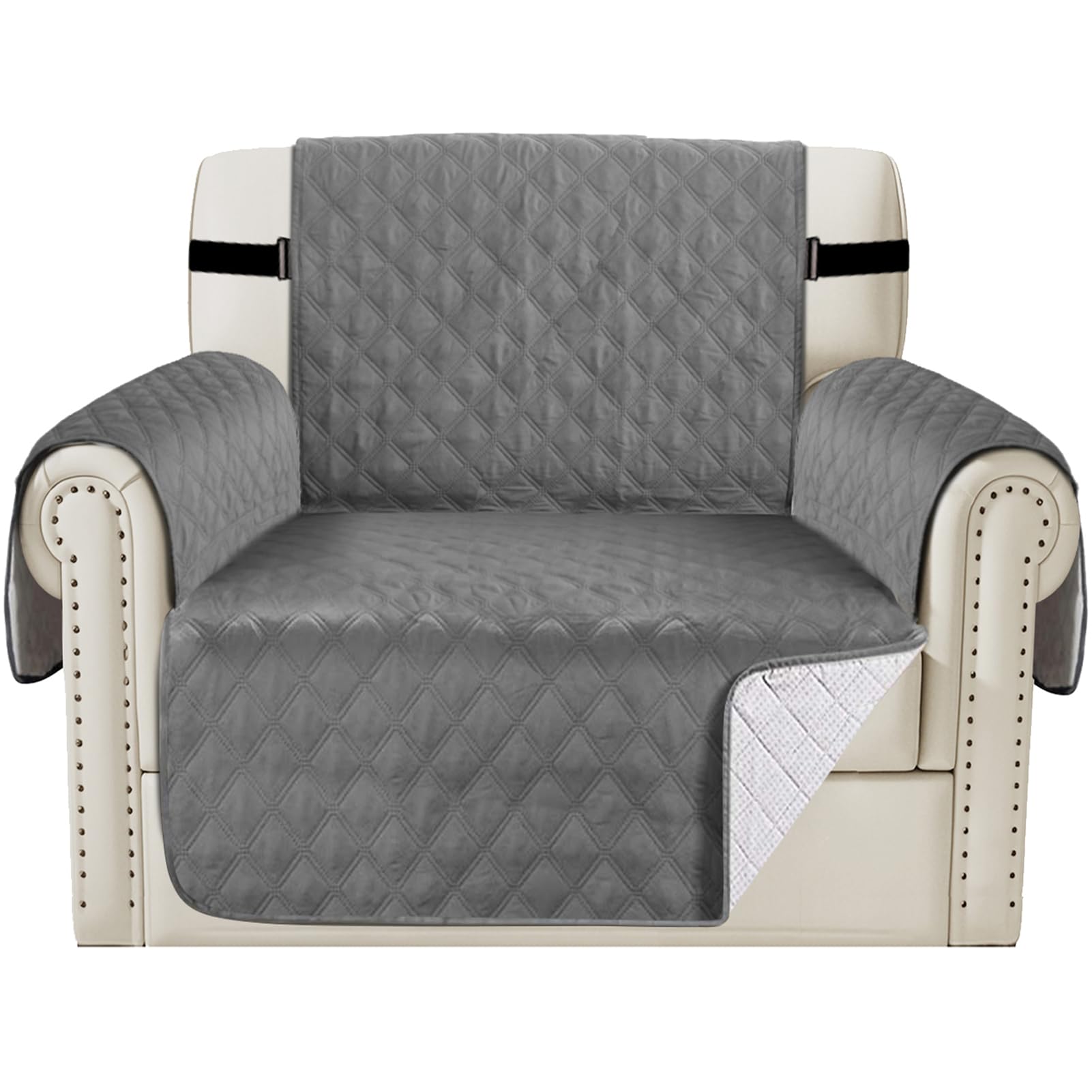 Teynewer Sofa Covers 100% Waterproof 1 Seater Sofa Slipcovers Reversible Washable Furniture Protector, Non-Slip Washable with Adjustable Elastic Straps Couch Settee Covers for Kids, Dogs, Pets, Grey