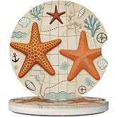 EUPRE Starfish 2 Pcs Ceramic Coasters Car Cup Holder Coaster Drink Mat | Anti-Slip Cup Holder Mat Absorbent Coaster With Finger Notch Non-Scratch Cork Back Base Universal Car Accessory For Women Men