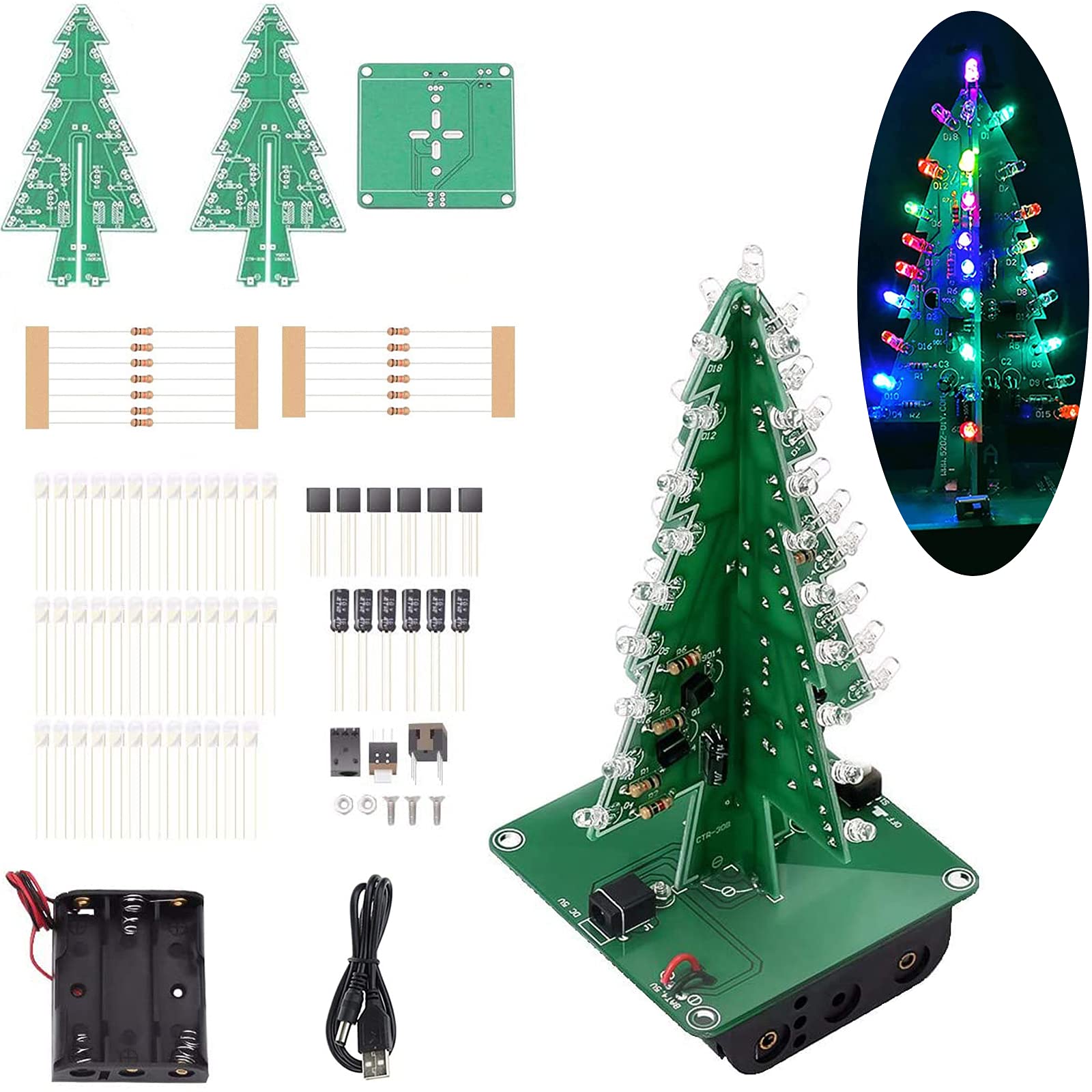 Adeept Colorful 3D Xmas Christmas Tree Led DIY Kits, 7 Color Flash RGB LED Circuit Electronic Assemble Funny Kits, STEM Project PCB Board for Student Teens Soldering Practice Learning…