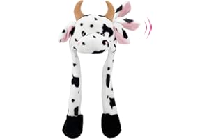Hopearl Cow Hat with Ears Moving Jumping Pop Up Beating Hat Plush Farm Animal Holiday Cosplay Dress Up Funny Gift for Kids Girls, 22''