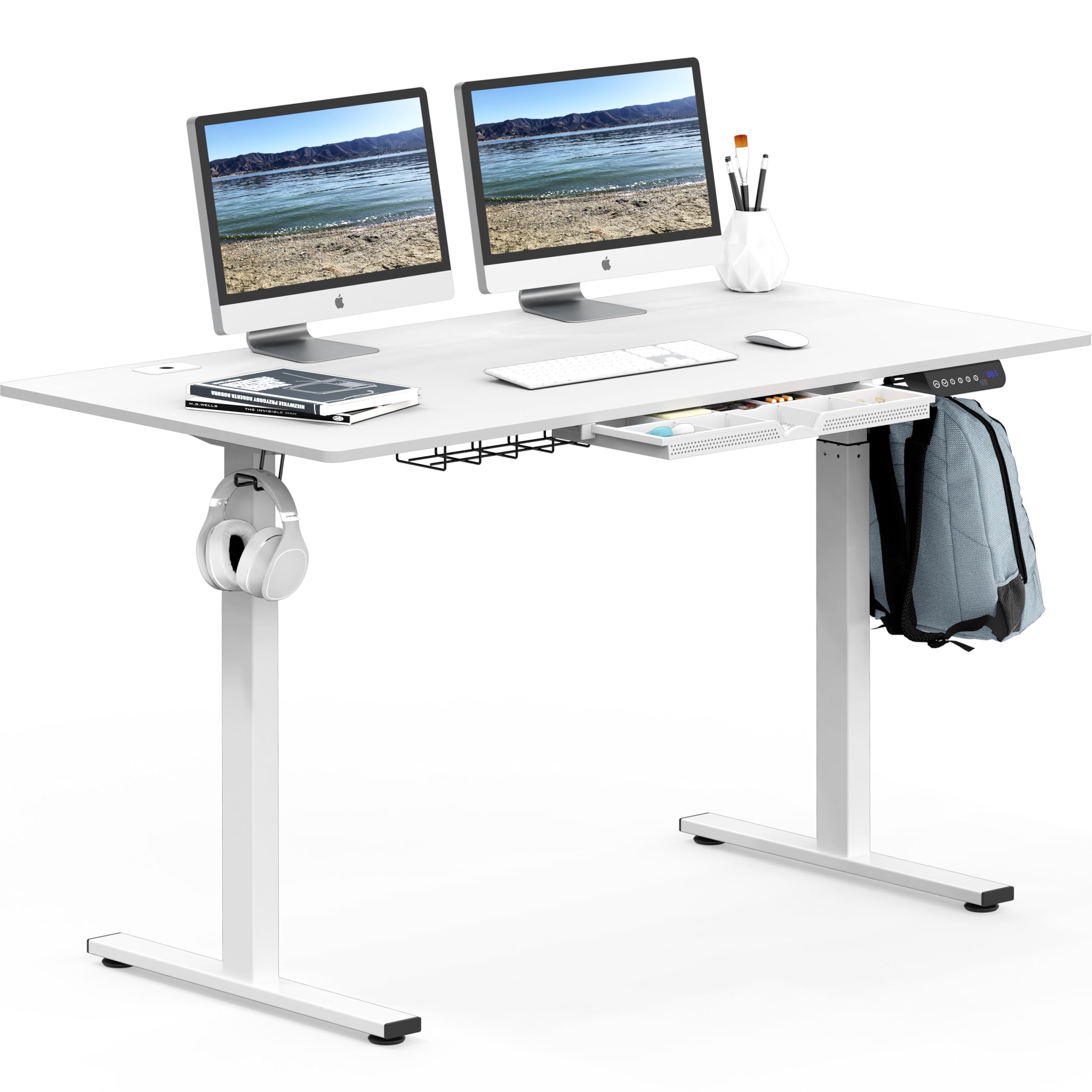 Photo 1 of SHW 55 x 28 Inches Electric Height Adjustable Standing Desk with Drawer and Memory Preset, White