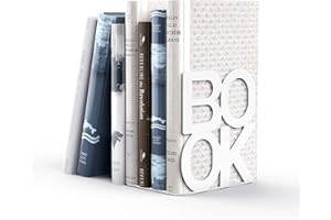 SHIKAMAN Book Ends - Decorative Metal Book Ends Supports for Bookrack Desk,Books, Unique Appearance Design,Heavy Duty (White)