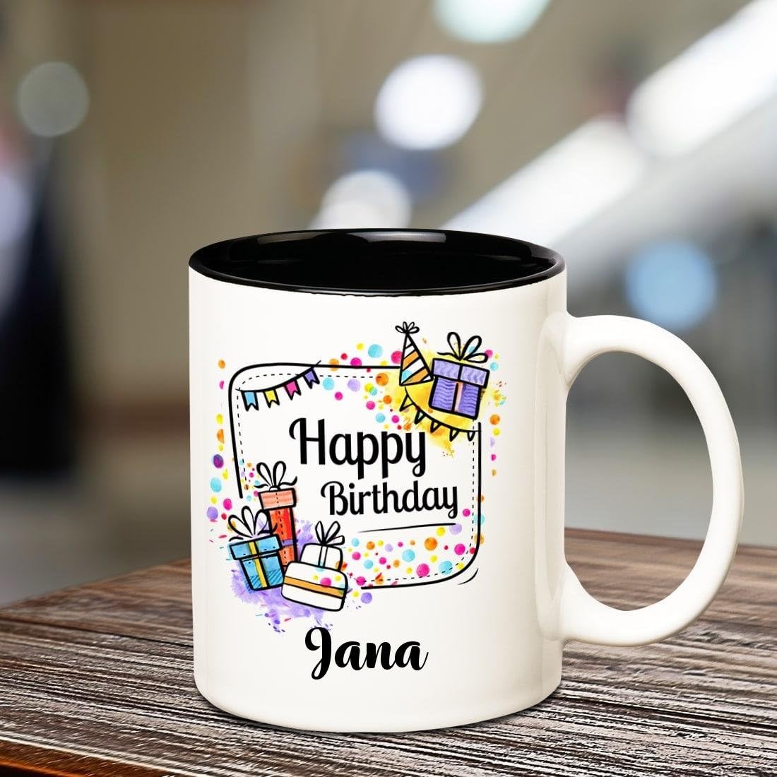 Huppme Happy Birthday Jana Inner Black Ceramic Coffee Mug, 350 Ml, 1-Piece, Multi-Color