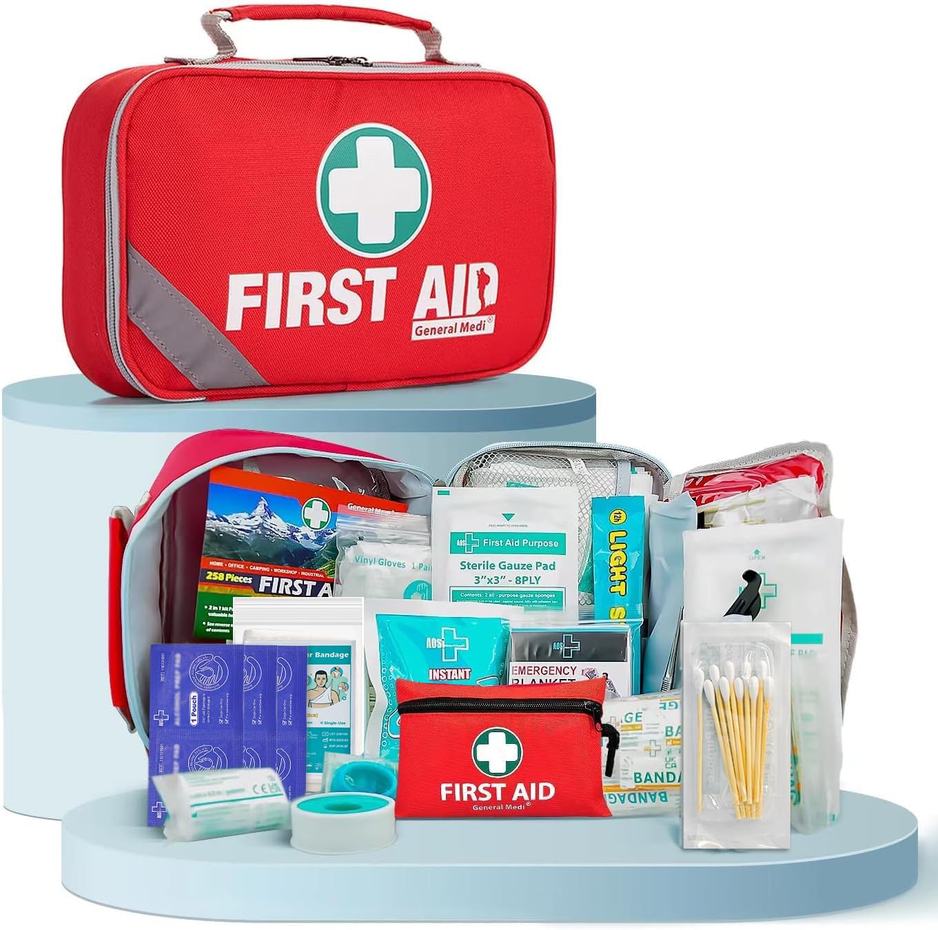 General Medi First Aid Kit (215 Piece) + 43 Piece Mini First Aid Kit - Includes Emergency Blanket, Bandage, Scissors for Home, Car, Camping, Office, Boat, and Traveling