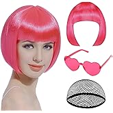 KOICDO Pink Bob Wig, Hot Short Pink Wigs with Sunglasses and Hairnet, Women Wigs with Bangs for Bachelorette, Halloween and Cosplay Parties