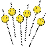 JarThenaAMCS 50Pcs One Happy Dude Paper Straws Black and White Checkered Smile Face Disposable Drinking Straws for First Birthday Party Baby Shower