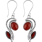 DEVMUKTI Natural Carnelian & Garnet Gemstone Earrings, 925 Sterling Silver Dangling Earrings, Handmade Jewelry, Designer Fashion Jewelry, Birthday Mother's Day Gift for Women