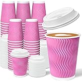 Charmount 100 Pack 12 oz Pink Disposable Insulated Coffee Cups with Lids - Ripple Wall Hot Paper to-Go Cups for Coffee, Tea, 