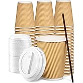 GUSTO [12 oz. - 100 Count Insulated Kraft Ripple Paper Hot Cups, Disposable Coffee Cups With Lids - Ideal for Hot Beverages, Travel, and Office Use (Formerly Comfy Package)