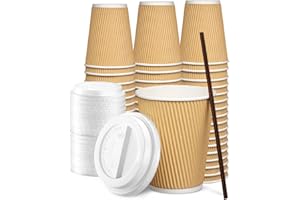 GUSTO [12 oz. - 100 Count] Insulated Kraft Ripple Paper Hot Cups, Disposable Coffee Cups with Lids - Ideal for Hot Beverages,