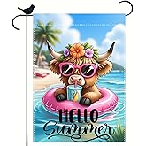 Hello Summer Highland Cow Garden Flag 12 x 18 inch Double Sided Outside Decorations,Beach Floral Cow Small Garden Flags For Outdoor Yard Lawn