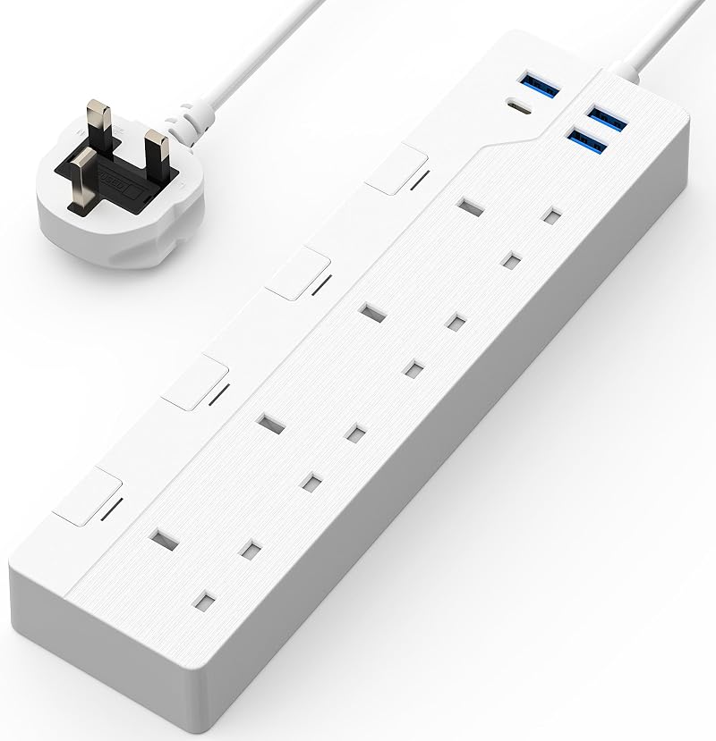 4 Way Extension Lead USB C Socket Switched Surge Protected 1.5M Wall Mount