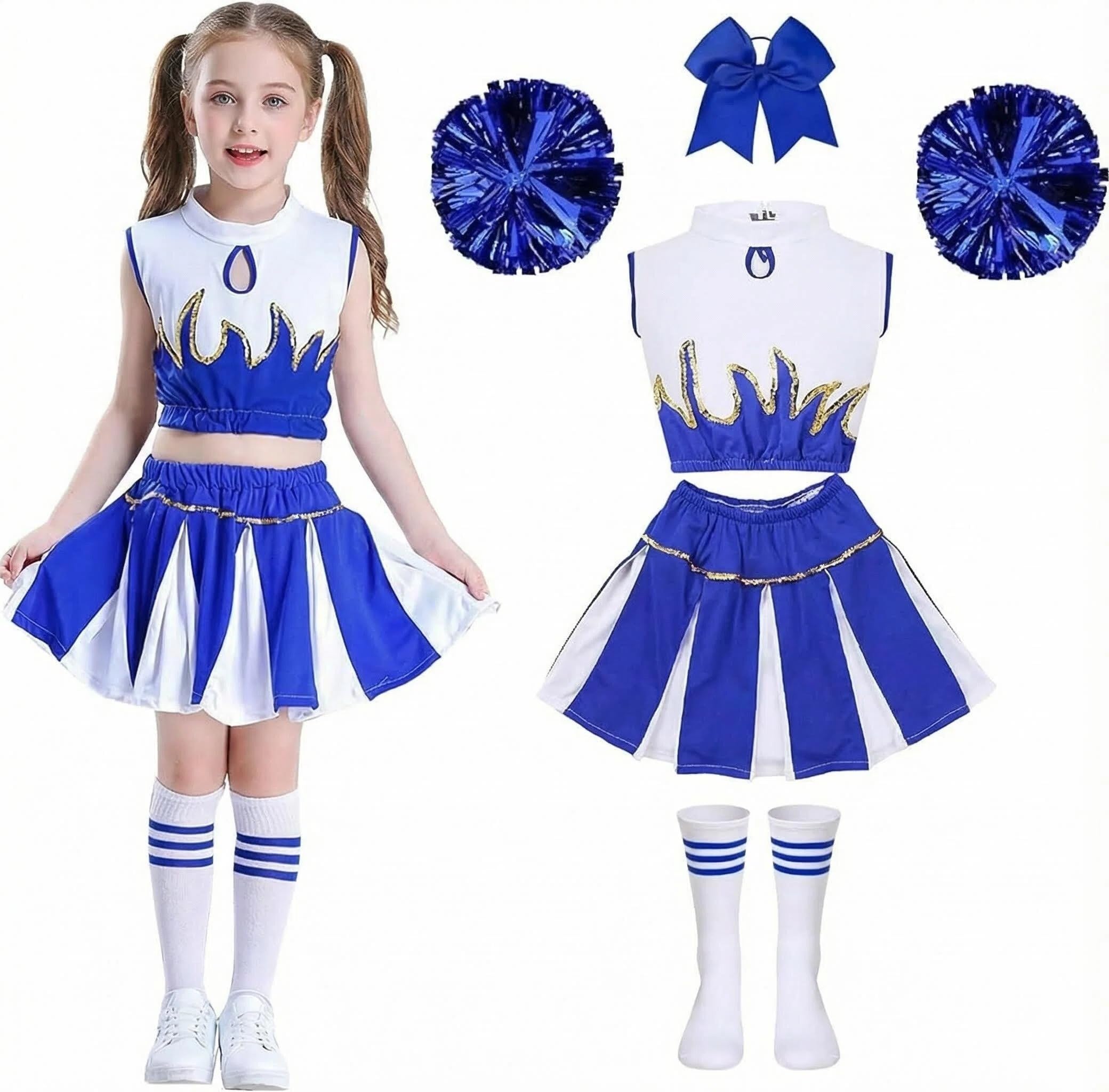 Gekyve Cheerleader Costume for Girls, Cheerleading Outfit Kids Uniform with Pom Poms Socks Hair Band, Sleeveless Cheer Outfit for School Sports Carnival Masquerade