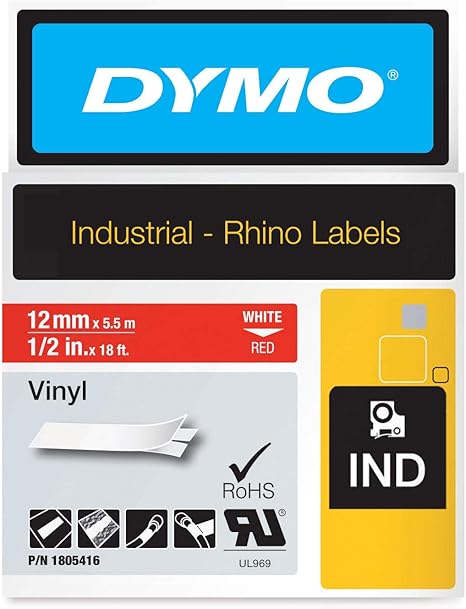 Dymo Rhino Industrial Labels Vinyl 12 mm x 5.5m - White on Red: Amazon.co.uk: DIY & Tools
