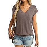 Micticsi Womens V Neck Cap Sleeve T Shirts Banded Bottom Top Loose Fit Short Sleeves Tee Casual Summer Basic Tops 2025