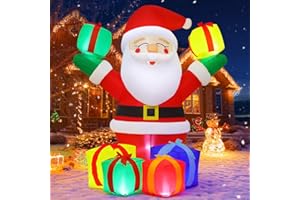 GOOSH 6 FT Christmas Santa Inflatables Outdoor Decorations Smiling Santa Claus with Present Boxes Blow Up Yard with Built-in LEDs for Outdoor Christmas Party Yard Garden Lawn Decoration