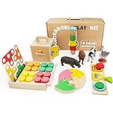 Montessori Toys for 1 2 Year Old, 6 in 1 Wooden Toddler Educational Set, Includes Lock Box, Puzzle, Color Sorting Board, Laci