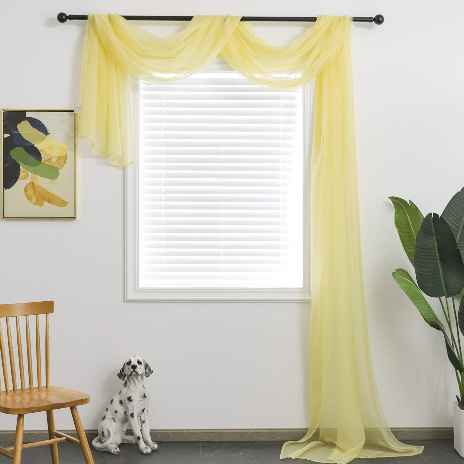 TOAVA DECO Light Yellow Sheer Window Scarf Valance for Windows Light Yellow Sheer Scarf Curtains 216 Inches Long for Living Room Bedroom Curtain Drapes Wedding Party Canopy Bed 52×216