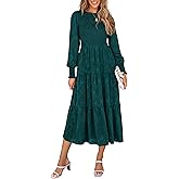 PRETTYGARDEN Women's Fall Spring Midi Dress Long Sleeve Floral Smocked Elegant Wedding Guest Long Flowy Dresses with Pockets