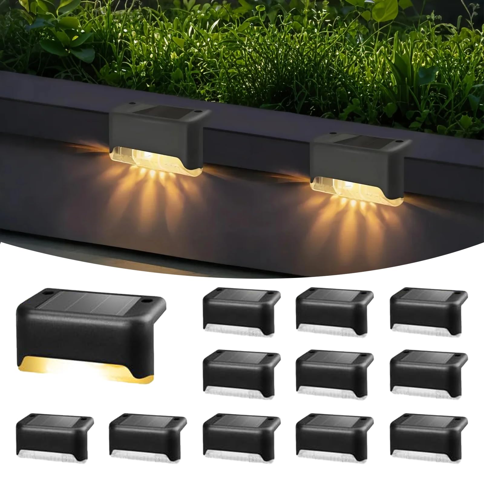 Hqynss Solar Decking Lights IP65Waterproof, 12 Pack Solar Step Lights - Outdoor LED Stair Lights for Steps, Fences, Yard, Patio, Garden, Pool, Driveway (Black, Warm White)