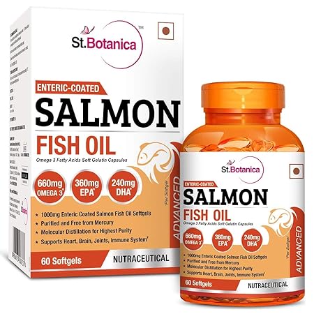 StBotanica Salmon Fish Oil 1000mg Advanced Double Strength 650mg Omega 3 with 330mg EPA, 220mg DHA - 60 Enteric Coated Softgels