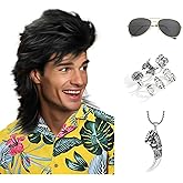 Deifor Mullet Wigs Sets with Wolf Tooth Necklace and 6pcs Metal Punk Rocker Rings and Sunglasse for Men 80s Costumes Fancy Party Funny Heavy Metal Punk Rocker Disco Cosplay (Black)