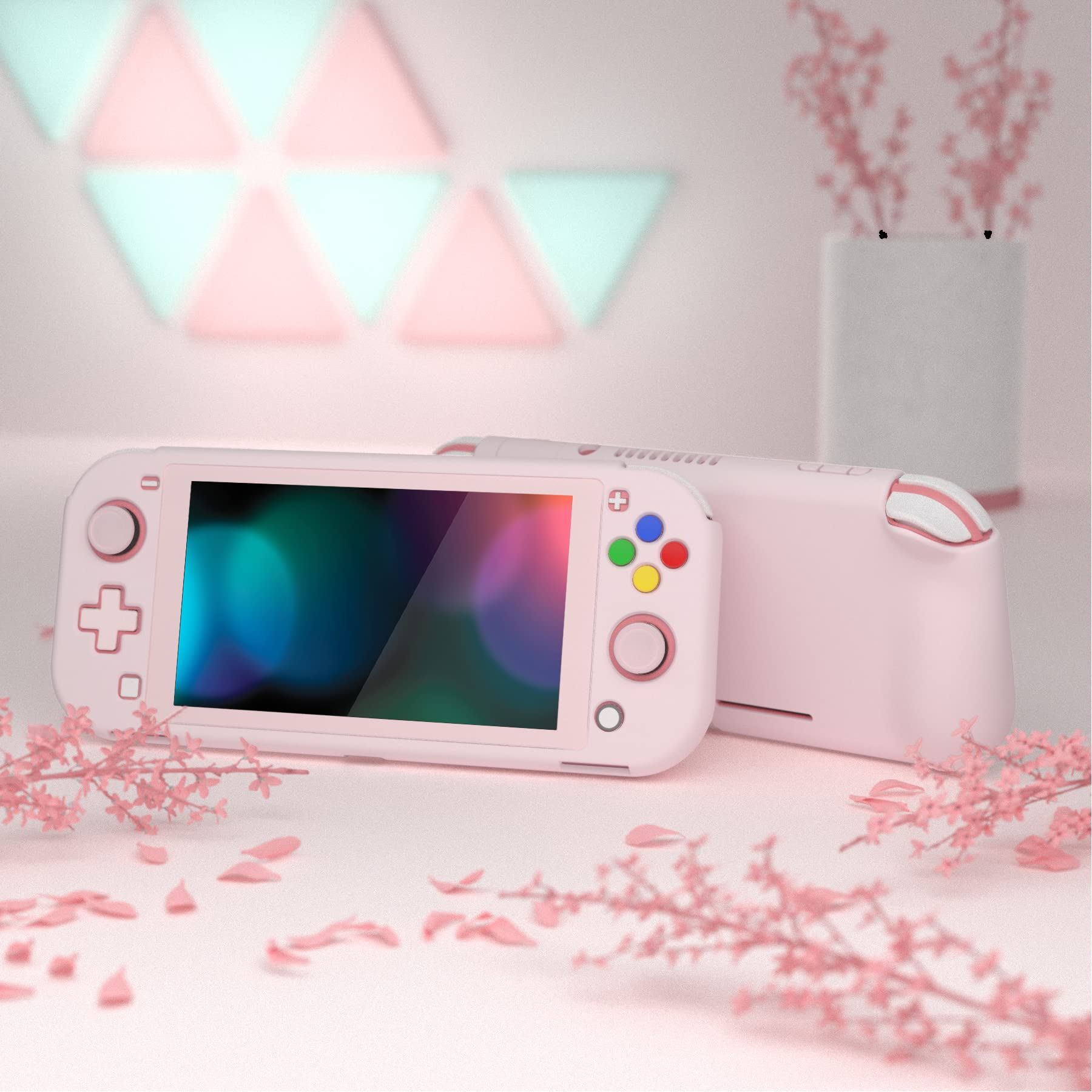 PlayVital ZealProtect Protective Case for Nintendo Switch Lite, Ergomomic Grip Hard Cover - Durable Shock-Absorbent Anti-Scratch with Screen Protector & Thumb Grip Button Caps, Cherry Blossoms Pink