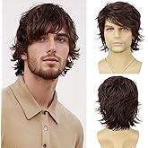 Tereshar Mens Brown Wig Short Layered Natural Wavy Heat Resistant Synthetic Hair Wigs Male Guy Daily Party Halloween Costume Cosplay Wigs (Dark Brown)