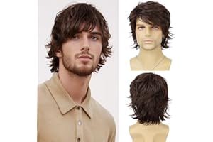 Tereshar Mens Brown Wig Short Layered Natural Wavy Heat Resistant Synthetic Hair Wigs Male Guy Daily Party Halloween Costume Cosplay Wigs (Dark Brown)