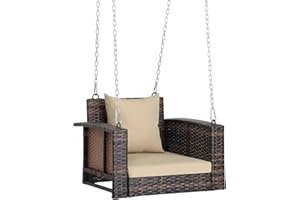 GODECOR 2 FT Wicker Porch Swing, Square Single Person Outdoor Hanging Swing Bench. Handwoven with Weatherproof PE Rattan, with Soft Removable Cushion, Holds Up to 440 Pounds for Relaxing Solo Time