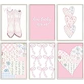 QLDENIX 6Pcs Trendy Pink Preppy Wall Art Cowgirl Boots Canvas Wall Decor Coquette Bow Posters Pink Heart Print Painting Picture Lucky Are We Artwork for Girly Room Dorm Apartment Home decor, Unframed