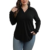 KLPOHV Women Plus Size Long Sleeve Collared V Neck Shirts Business Casual Work Tops Dressy Loose Tunic Blouses 1X-5X