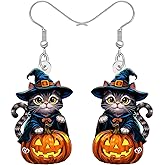 BAMAY Acrylic Pumpkin Black Cat Earrings for Women,Spooky Witch Hat Kitten Halloween Earrings Dangle Witchy Cat Lover Gifts for Women Jewelry Costume Accessories