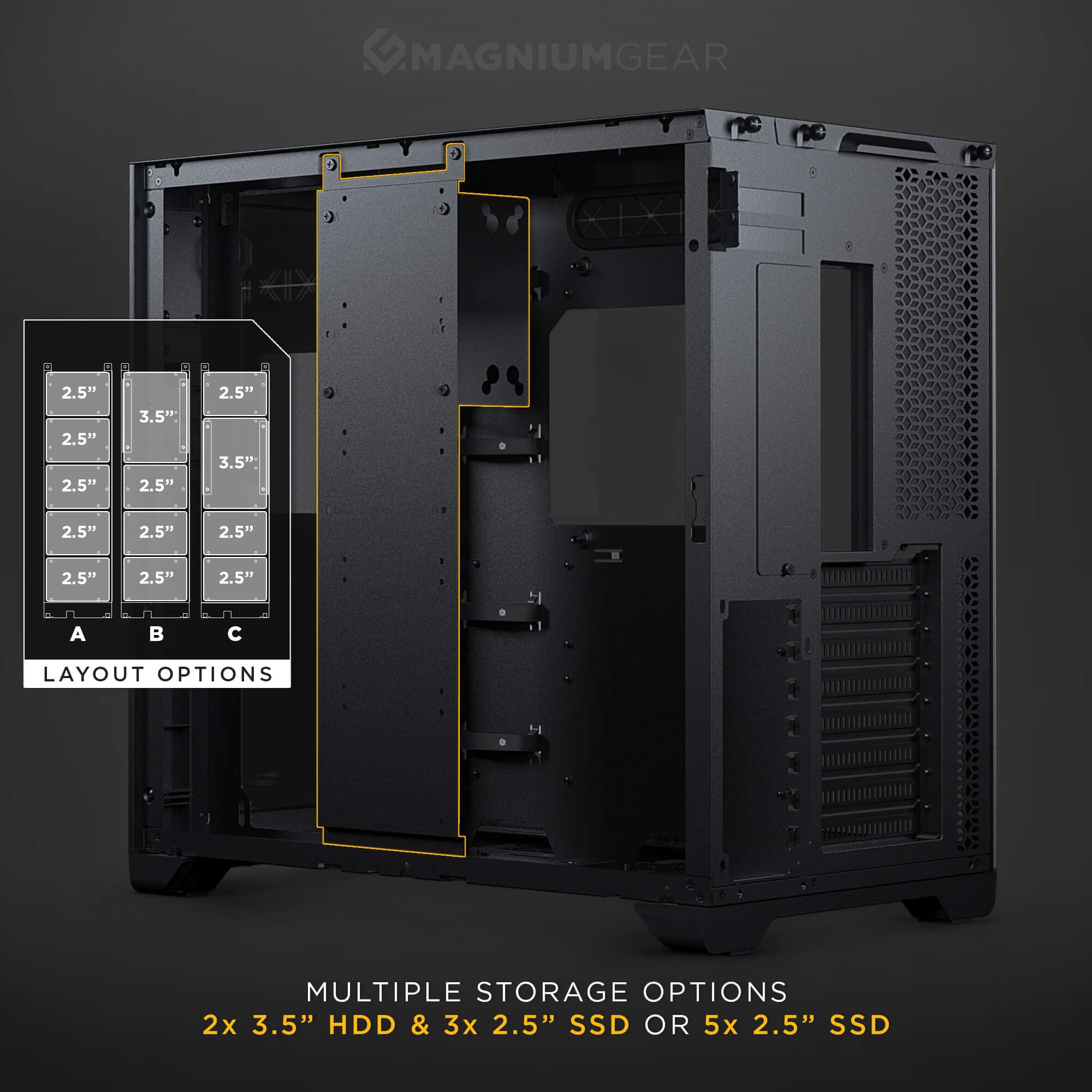MagniumGear (MG-NE620Q_DBK02) NEO Qube 2, Dual Chamber ATX Mid-Tower, Digital-RGB Lighting, Front I/O USB Type C, Tempered Glass Panels, Black