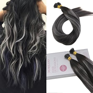 Moresoo 18 Pulgadas Pelo Humano Extensiones Remy Recto I Tip Extensiones Cabello Humano Brasileno De Balayage Color Negro Natural 1b A Gris Plateado