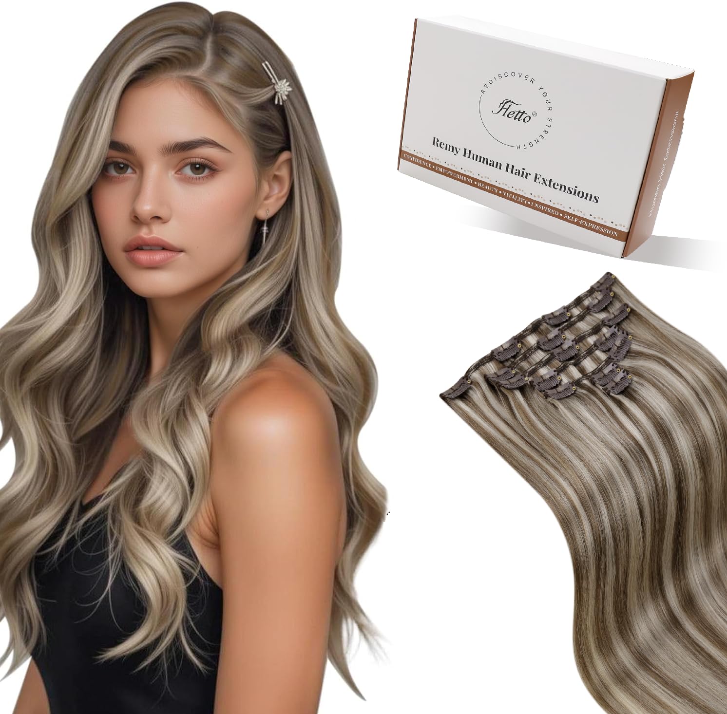 Hetto Human Hair Clip in Extensions Brown Mix Blonde 120g 7Pcs - Invisible Clip in Hair Extensions Real Human Hair Blonde, Clip on Hair Pieces for All-Day Wear Comfortable #P10/613 14 Inch — image 1